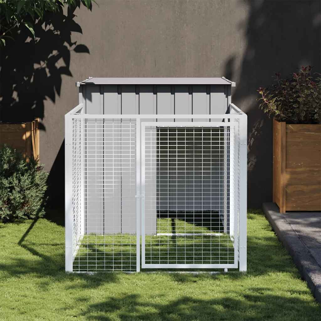 vidaXL Кучешка къщичка с кът за ходене светло сива 110x201x110 см поцинкована стомана