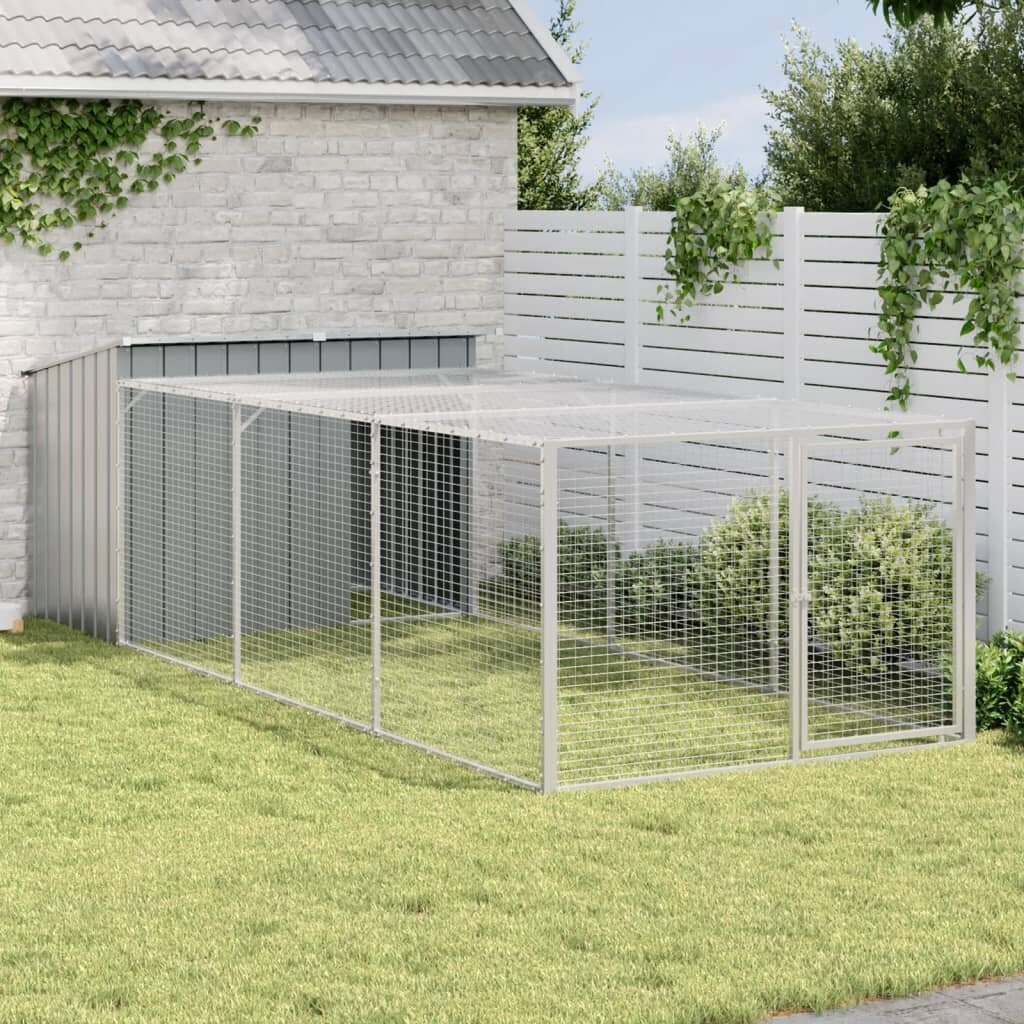 vidaXL Кучешка къщичка с ограда антрацит 153x396x110 см поцинкована стомана