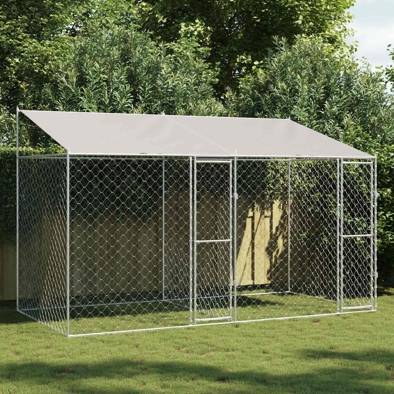 vidaXL Кучешка клетка с покрив Сребристо 400 x 200 x 256 см