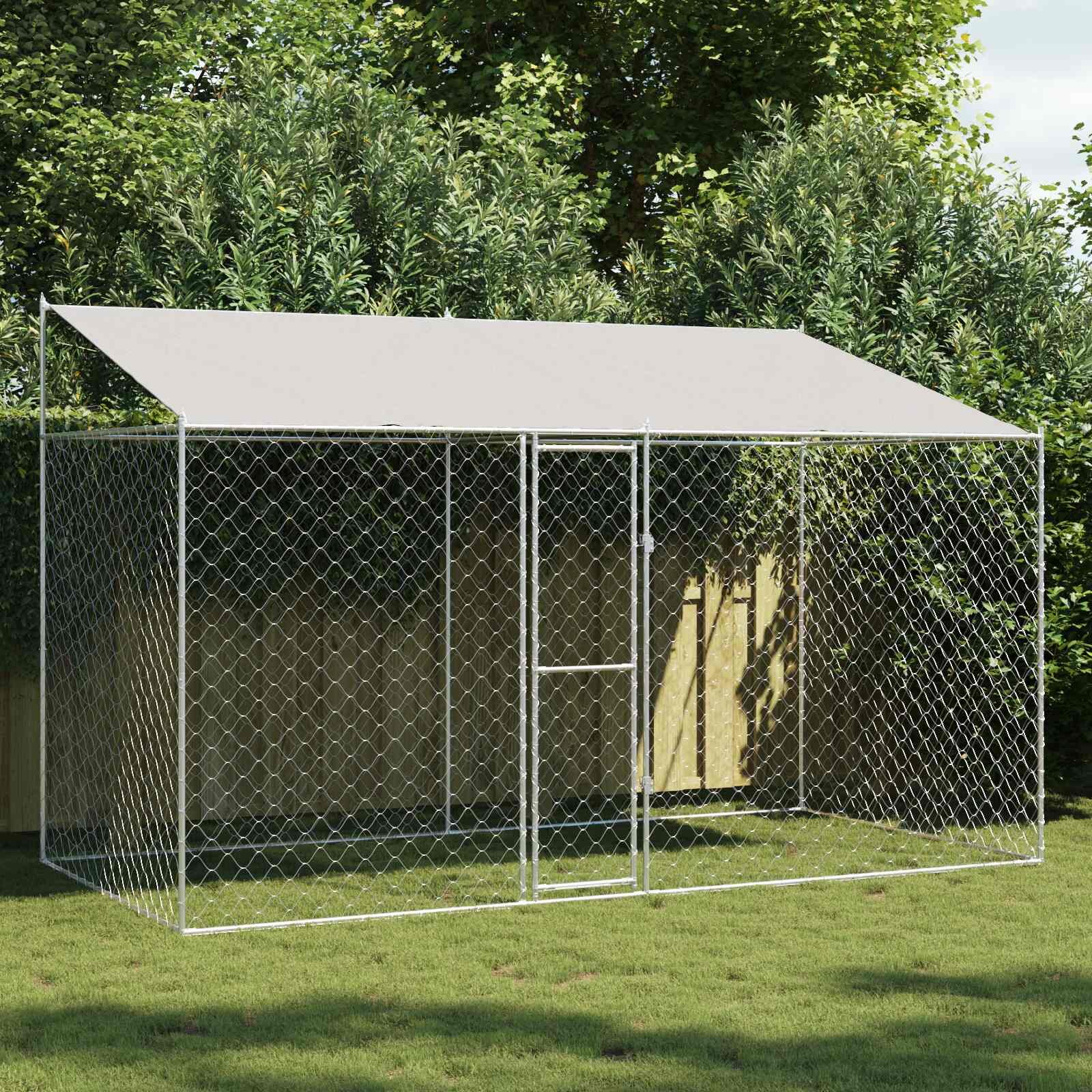 vidaXL Кучешка клетка с покрив Сребристо 400 x 200 x 256 см