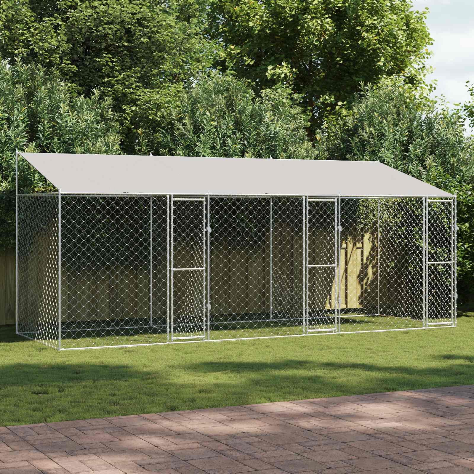 vidaXL Кучешка клетка с покрив Сребристо 600 x 200 x 256 см