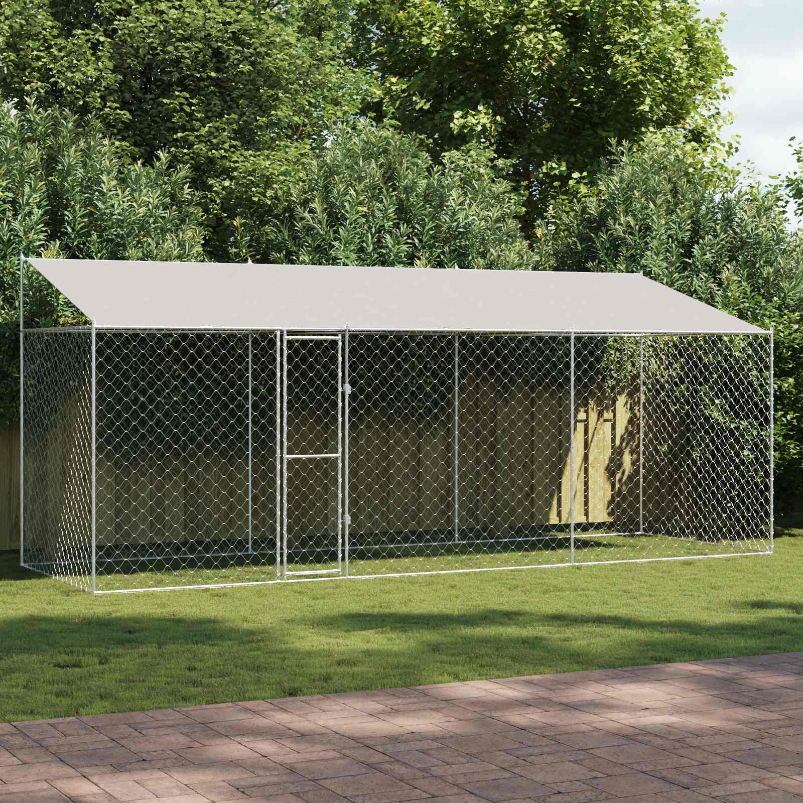 vidaXL Кучешка клетка с покрив Сребристо 600 x 200 x 256 см