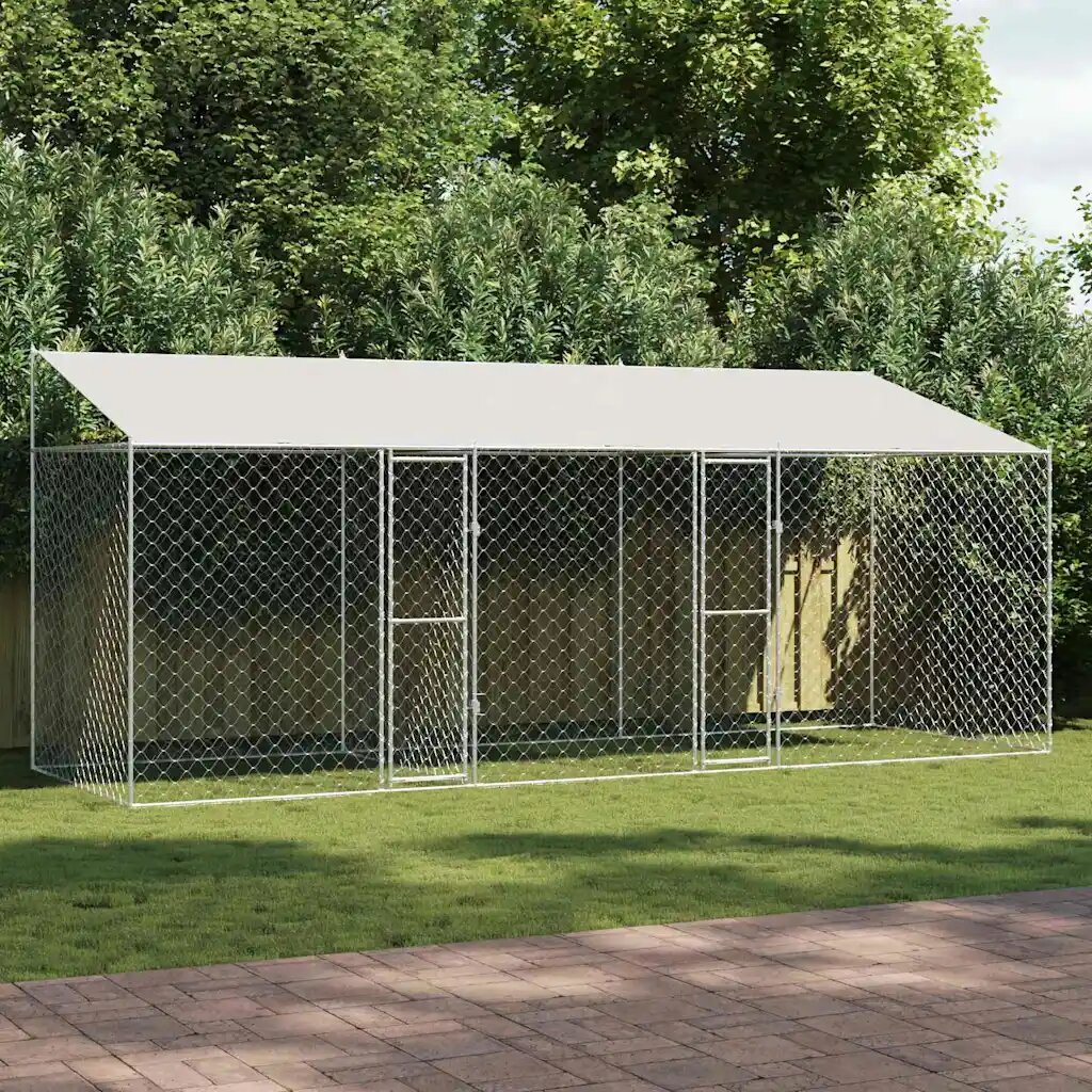 vidaXL Кучешка клетка с покрив Сребристо 600 x 200 x 256 см