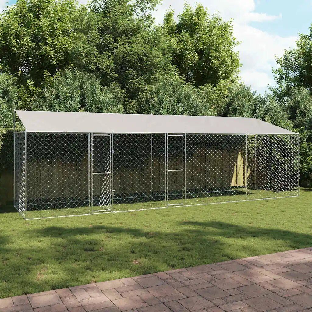 vidaXL Кучешка клетка с покрив Сребристо 800 x 200 x 256 см