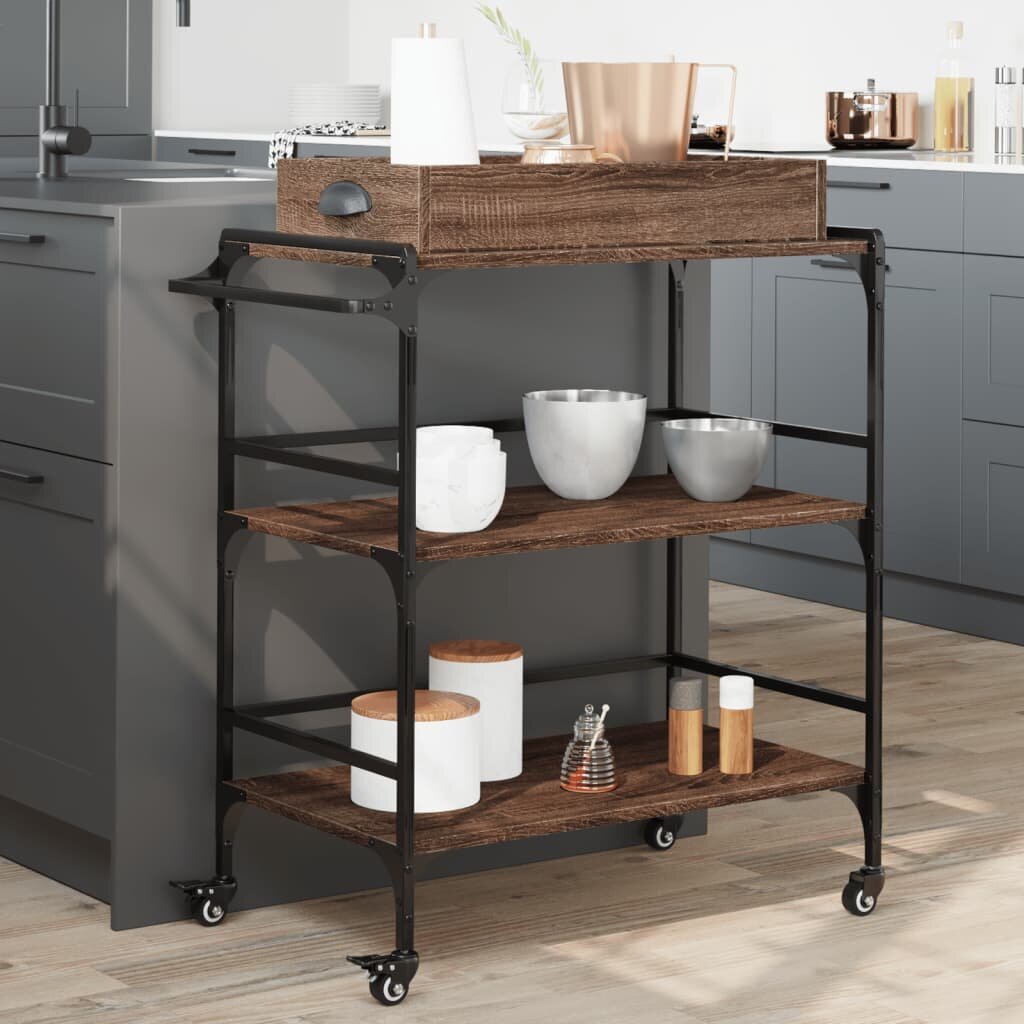 vidaXL Кухненска количка кафяв дъб 815x41x925 см инженерно дърво