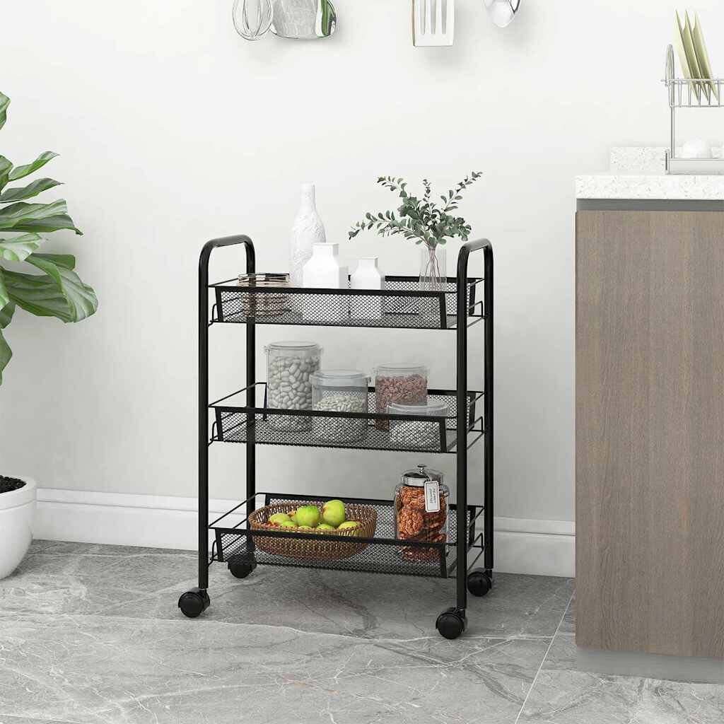 vidaXL Кухненска количка на 3 нива черна 46x26x64 см желязо
