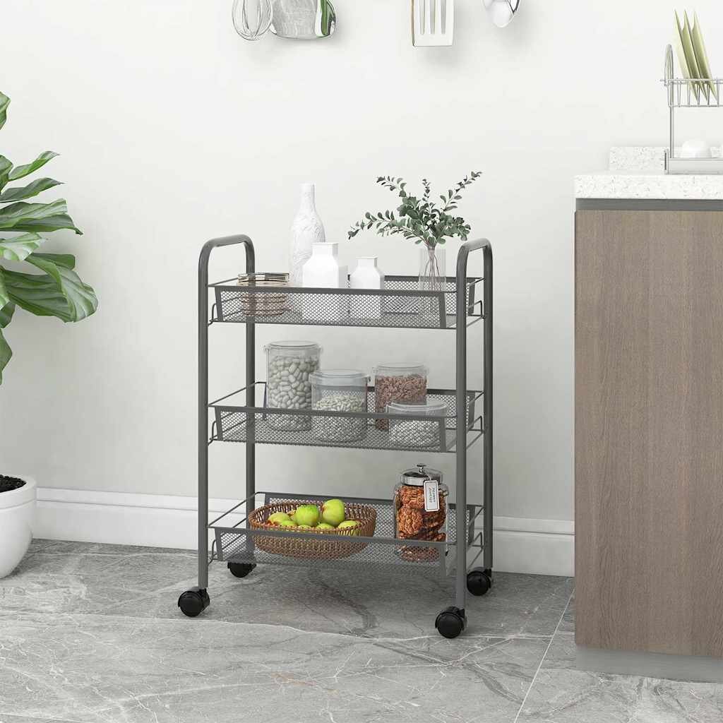 vidaXL Кухненска количка на 3 нива сива 46x26x64 см желязо