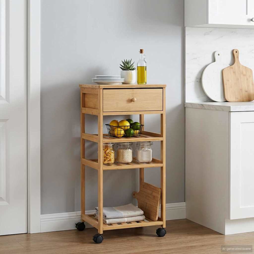 vidaXL Кухненска количка с колела Естествен 37 x 36 x 80 см Бамбук