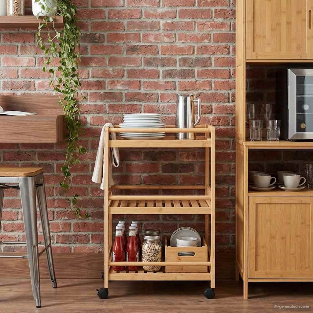 vidaXL Кухненска количка с колела Естествен 46 x 38 x 76 см Бамбук