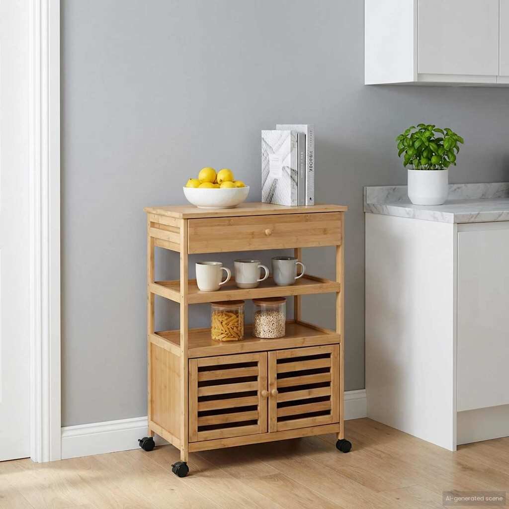vidaXL Кухненска количка с колела Естествен 595 x 36 x 82 см Бамбук