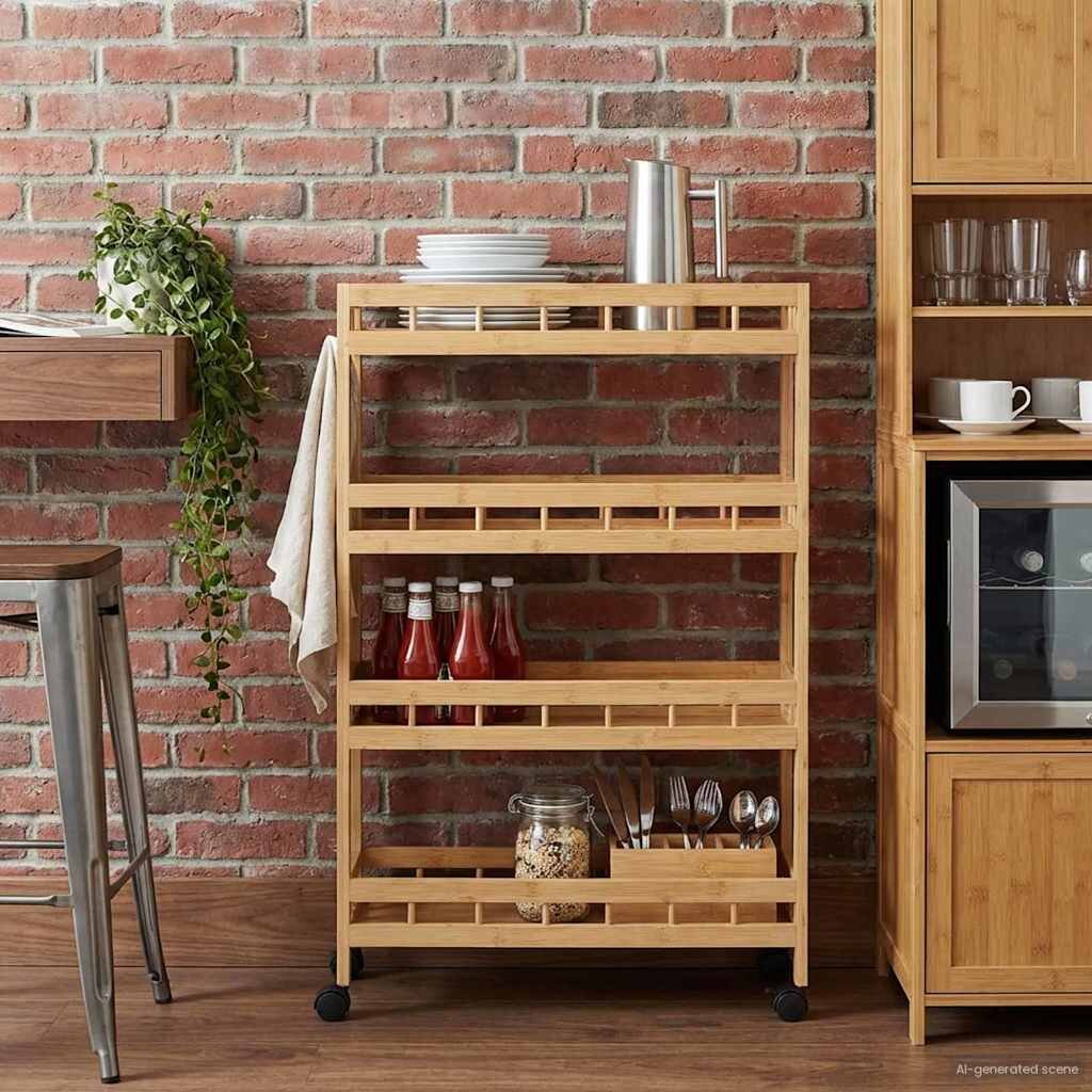vidaXL Кухненска количка с колела Естествен 60 x 18 x 97 см Бамбук
