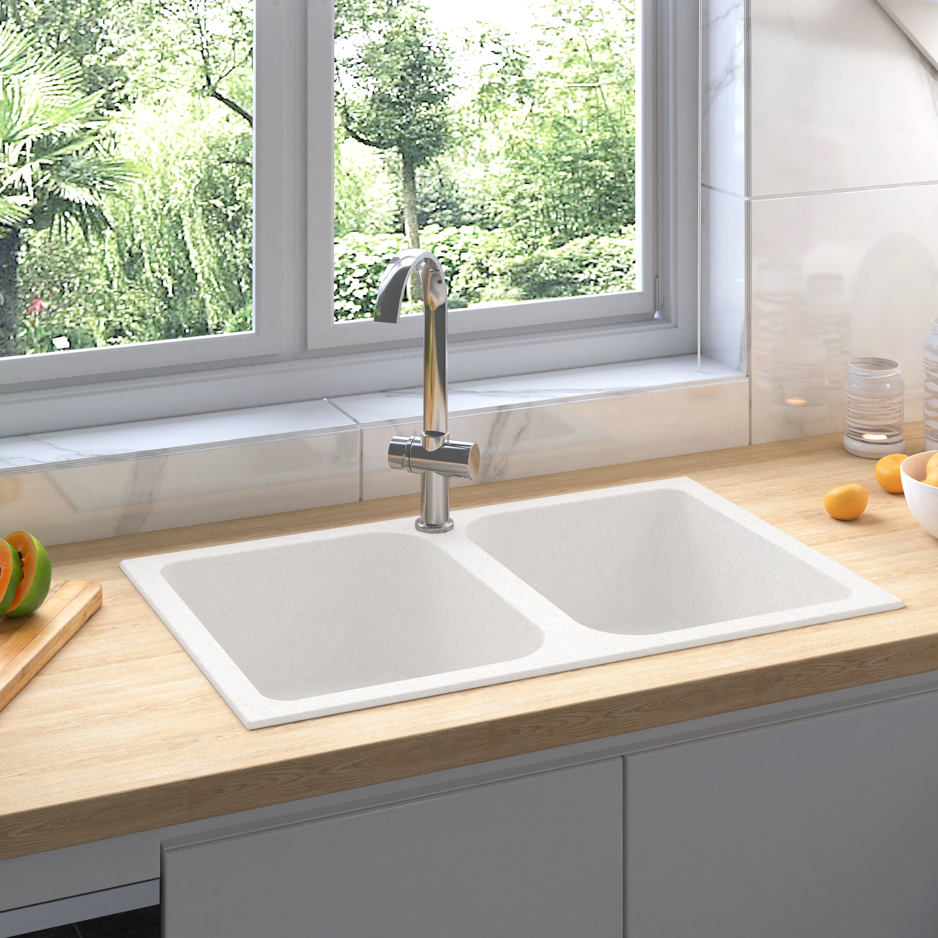 vidaXL Кухненска мивка Кварц и смола 76 x 48 x 30 см Бяло