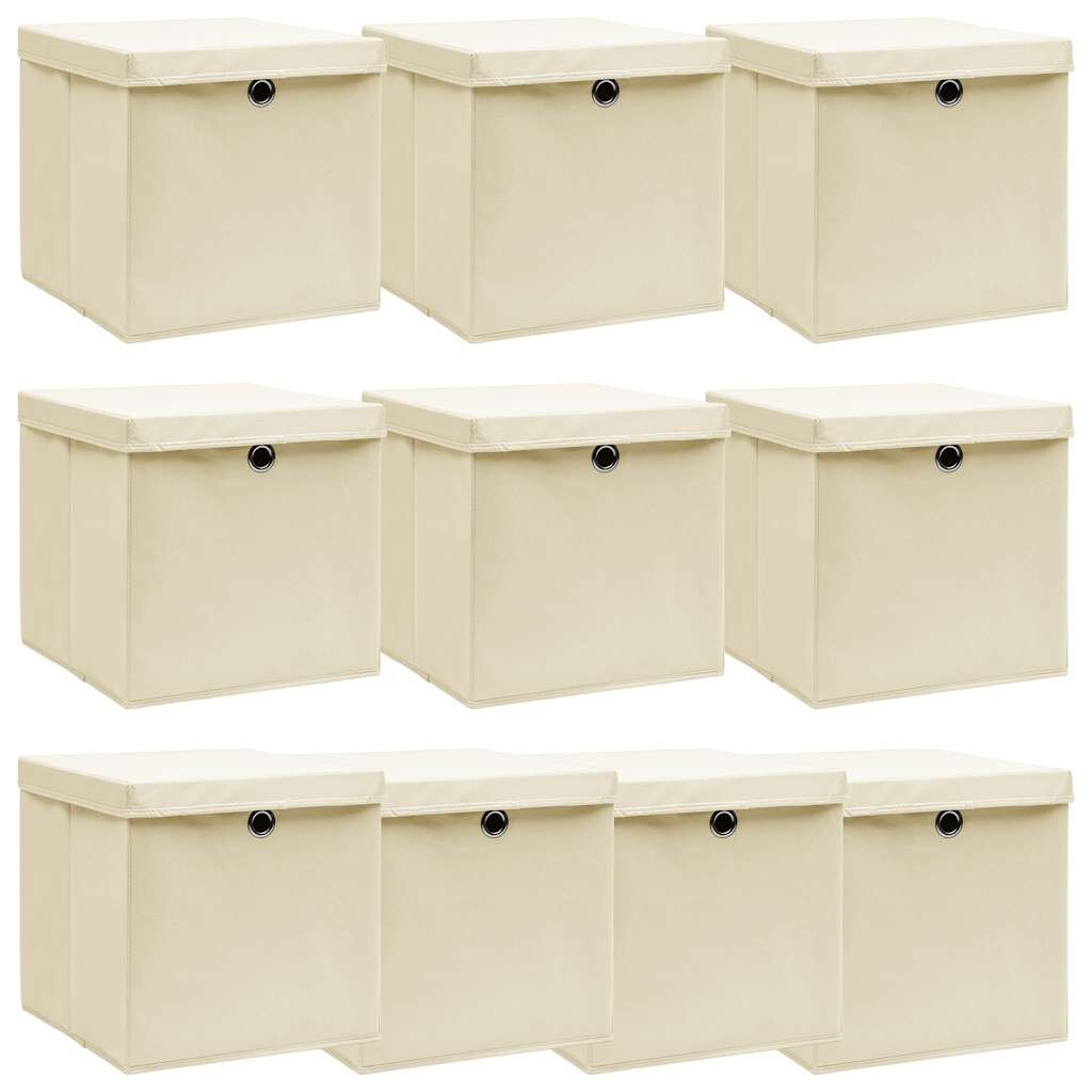 vidaXL Кутии за съхранение с капаци 10 бр кремави 32x32x32 см плат