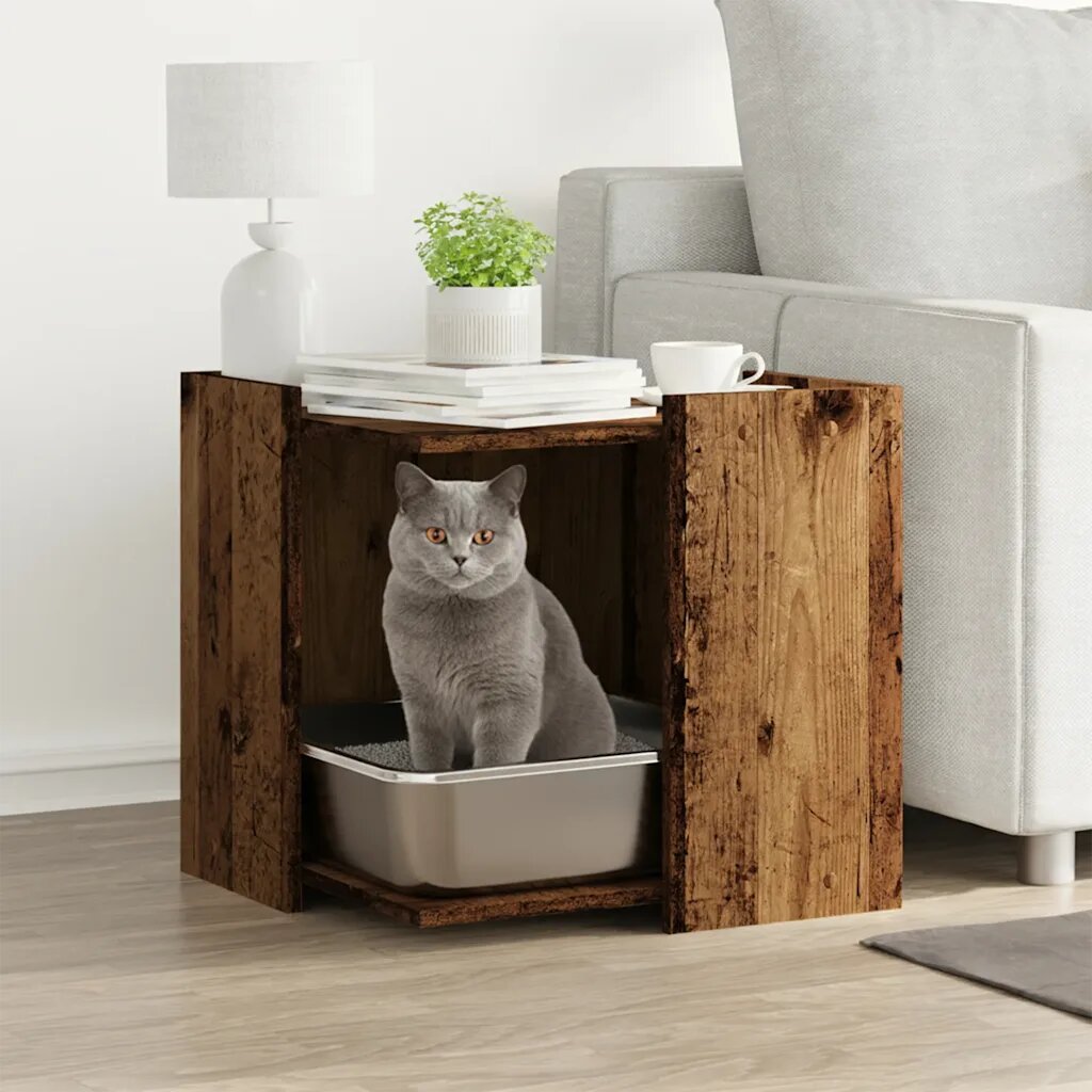 vidaXL Кутия за котешки отпадъци Старо дърво 53 x 53 x 51 см