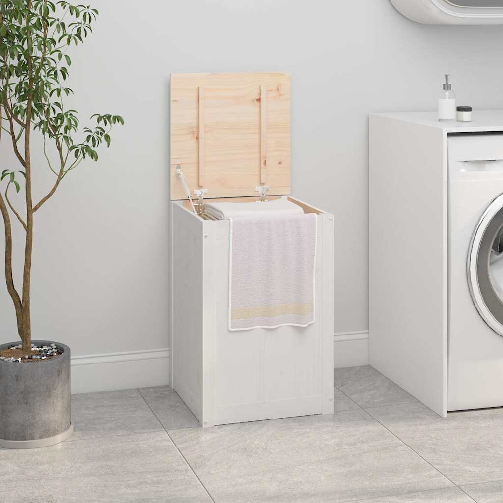 vidaXL Кутия за пране бяла 44x44x66 см борово дърво масив