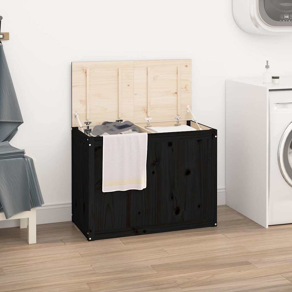 vidaXL Кутия за пране черна 885x44x66 см борово дърво масив
