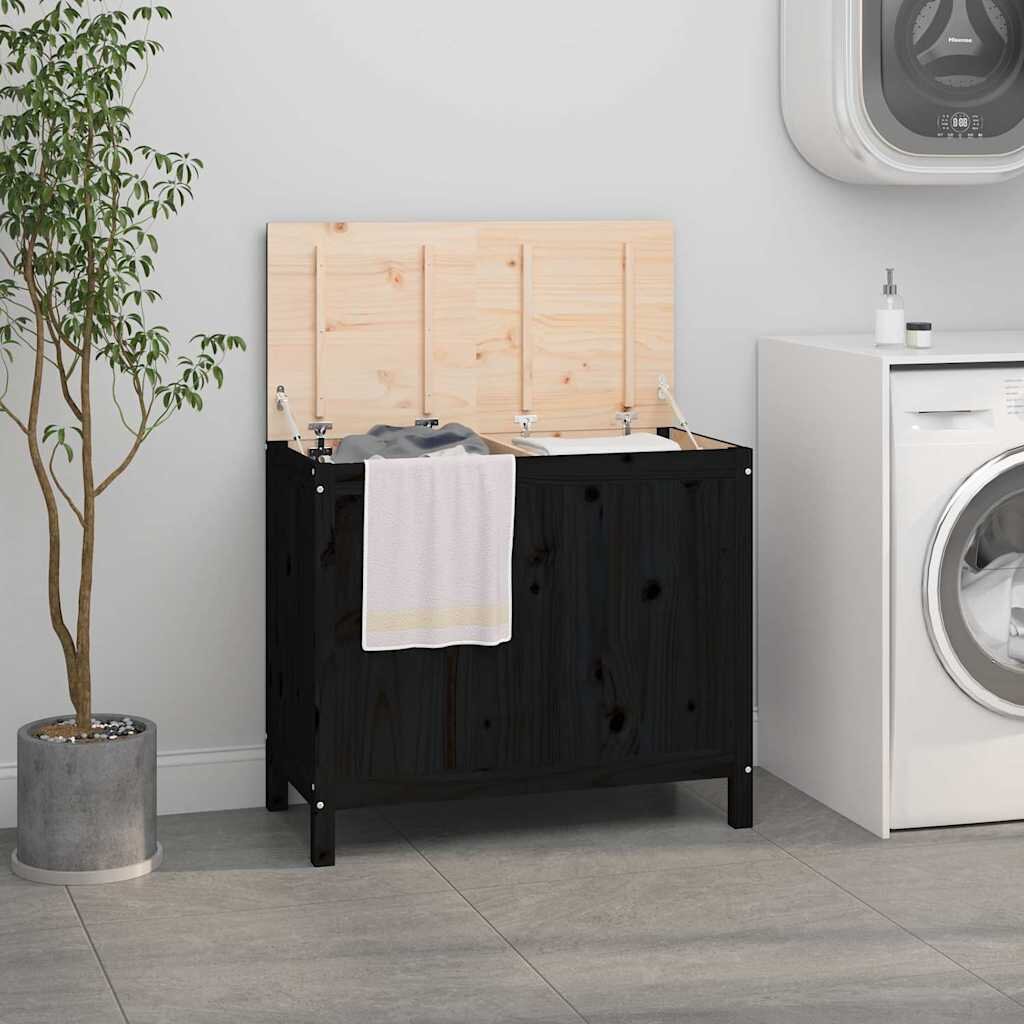 vidaXL Кутия за пране черна 885x44x76 см борово дърво масив