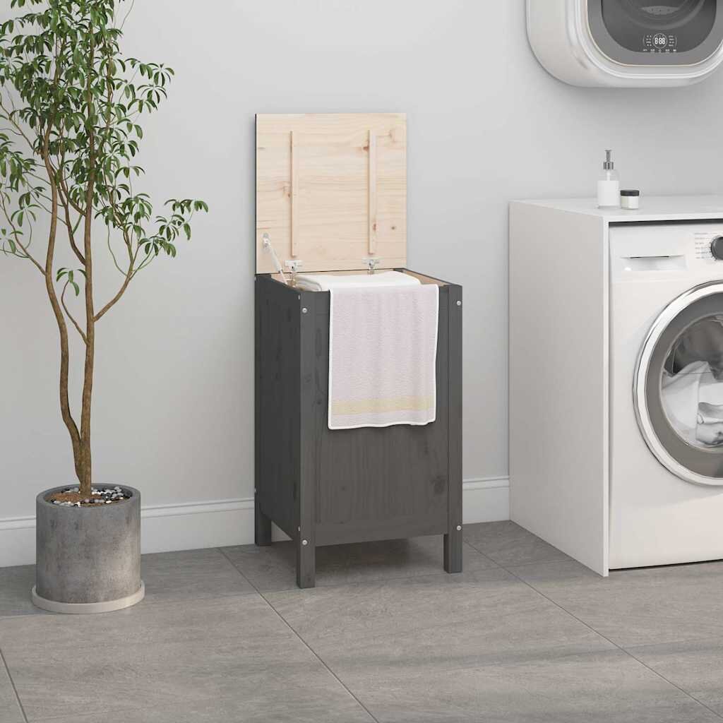 vidaXL Кутия за пране сива 44x44x76 см борово дърво масив