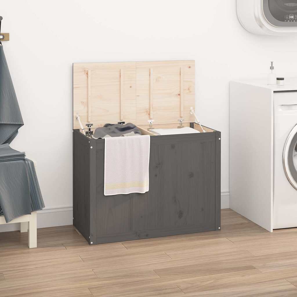 vidaXL Кутия за пране сива 885x44x66 см борово дърво масив