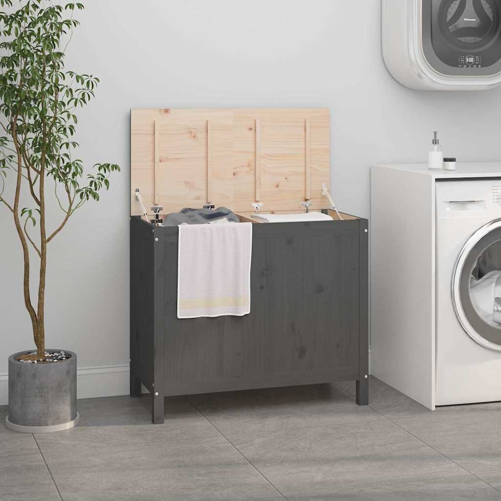 vidaXL Кутия за пране сива 885x44x76 см борово дърво масив