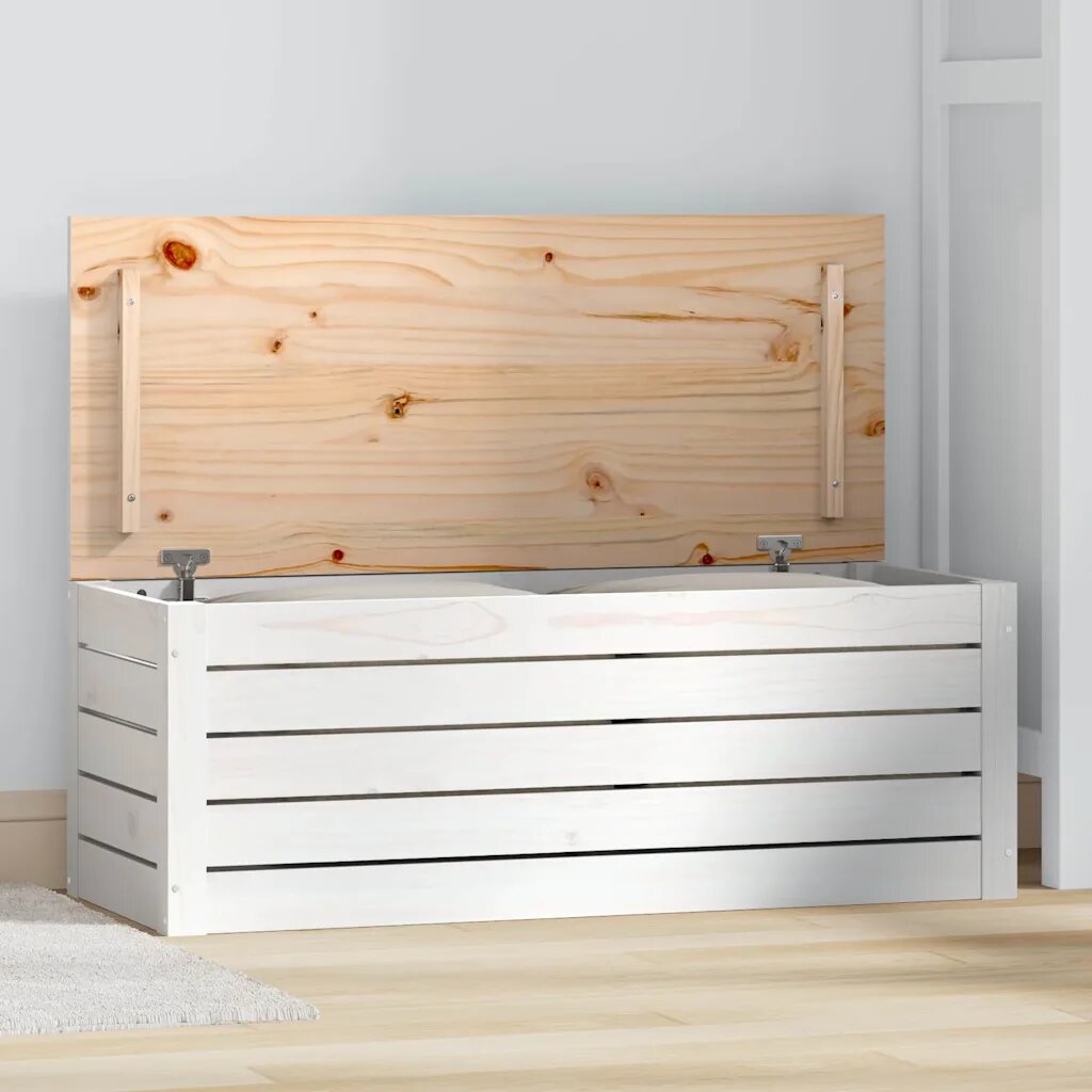 vidaXL Кутия за съхранение бяла 89x365x33 см борово дърво масив