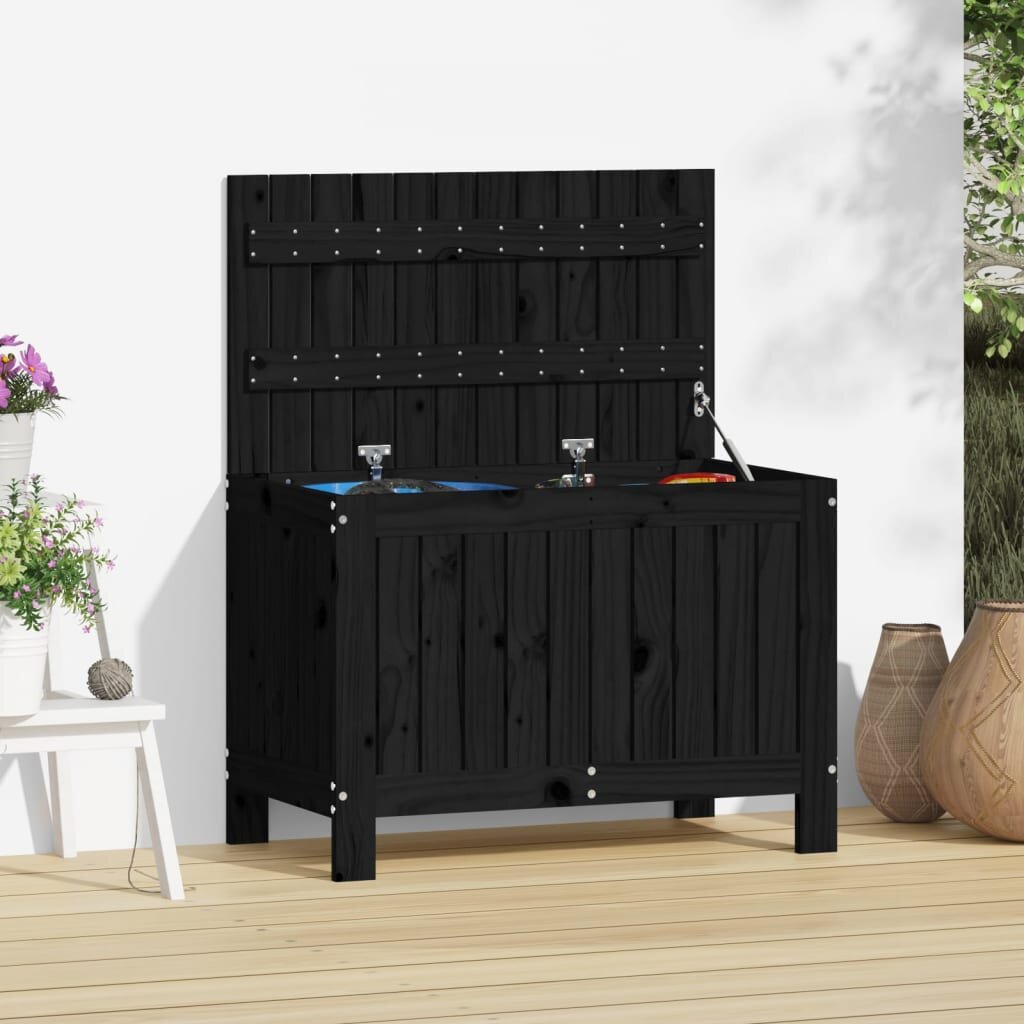 vidaXL Кутия за съхранение черна 76x425x54 см борово дърво масив