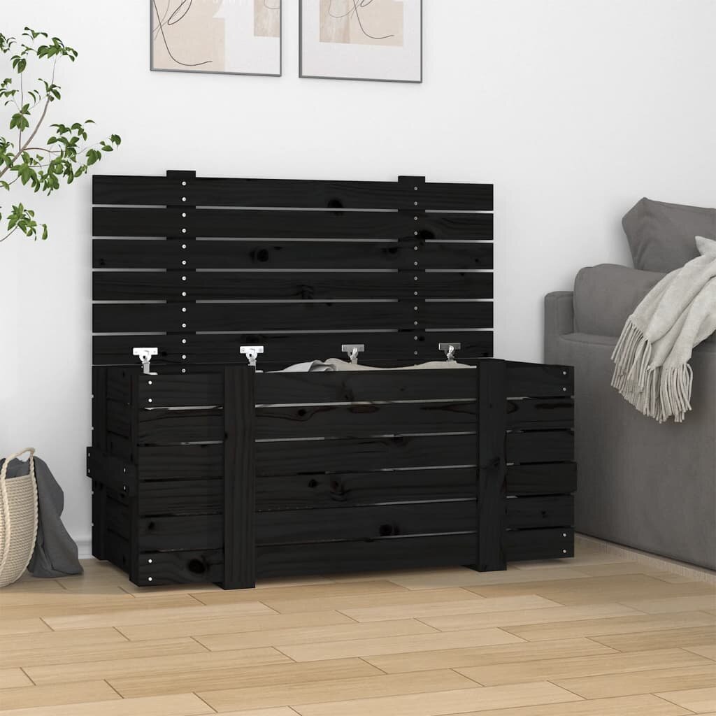 vidaXL Кутия за съхранение черна 91x405x42 см борово дърво масив