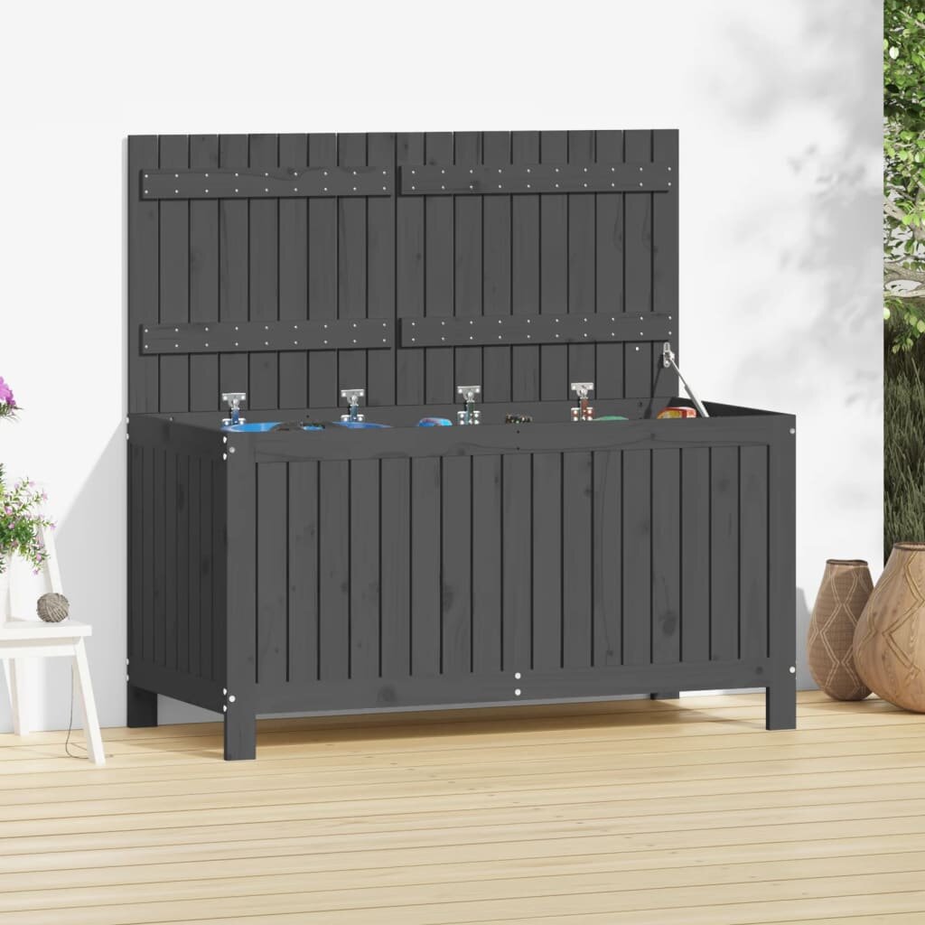 vidaXL Кутия за съхранение сива 121x55x64 см борово дърво масив