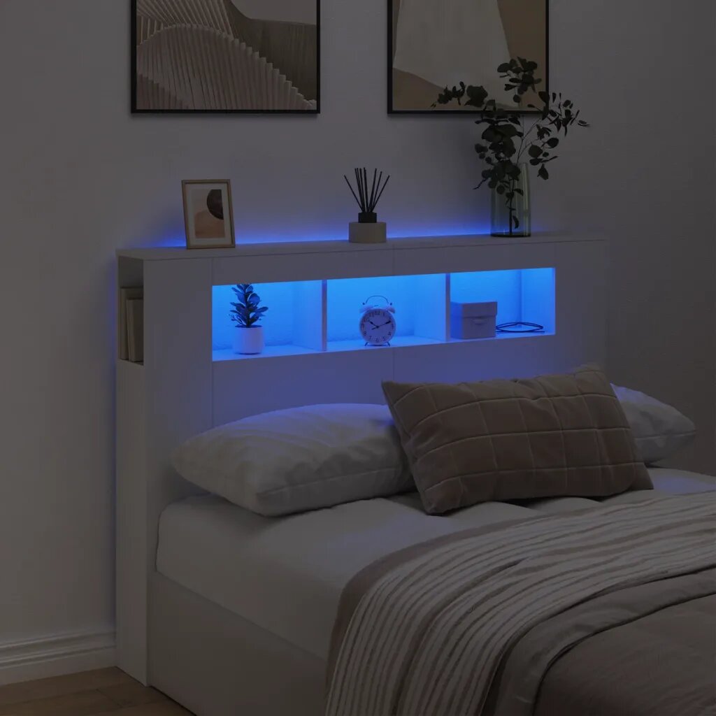vidaXL LED горна табла за легло бяла 140x185x1035 см инженерно дърво