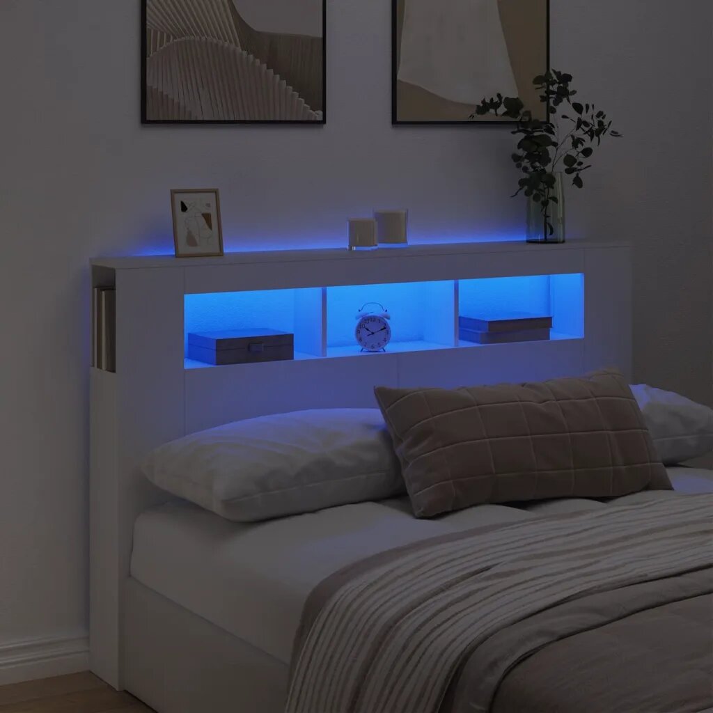 vidaXL LED горна табла за легло бяла 160x185x1035 см инженерно дърво