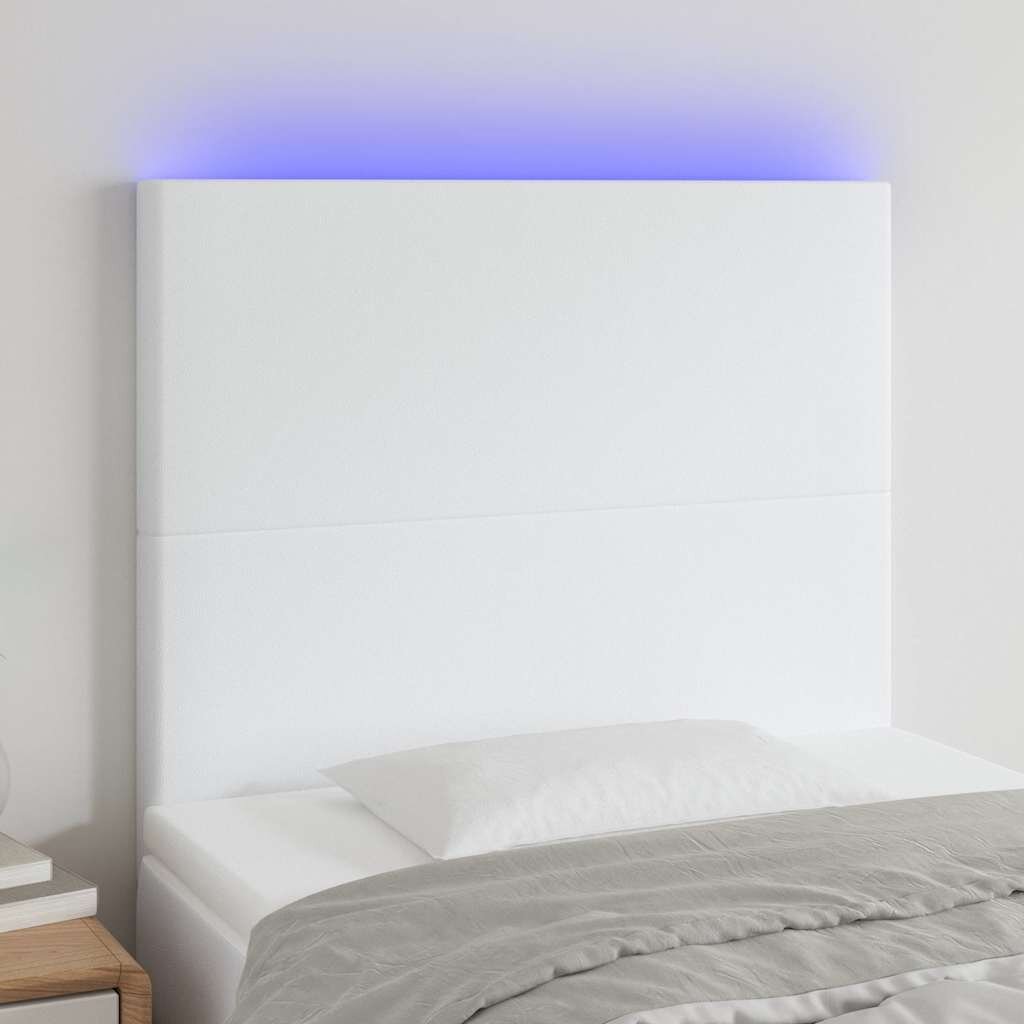 vidaXL LED горна табла за легло бяла 90x5x118/128 см изкуствена кожа