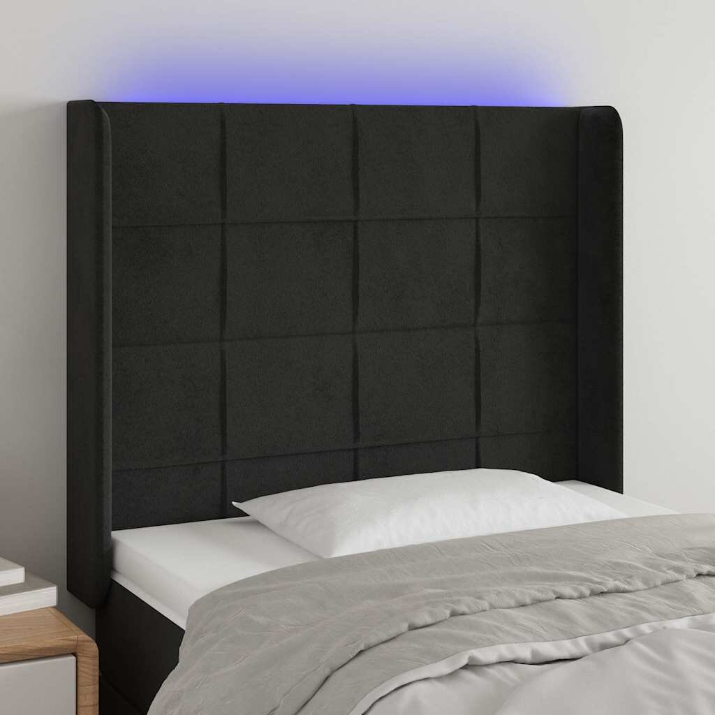 vidaXL LED горна табла за легло черна 103x16x118/128 см кадифе