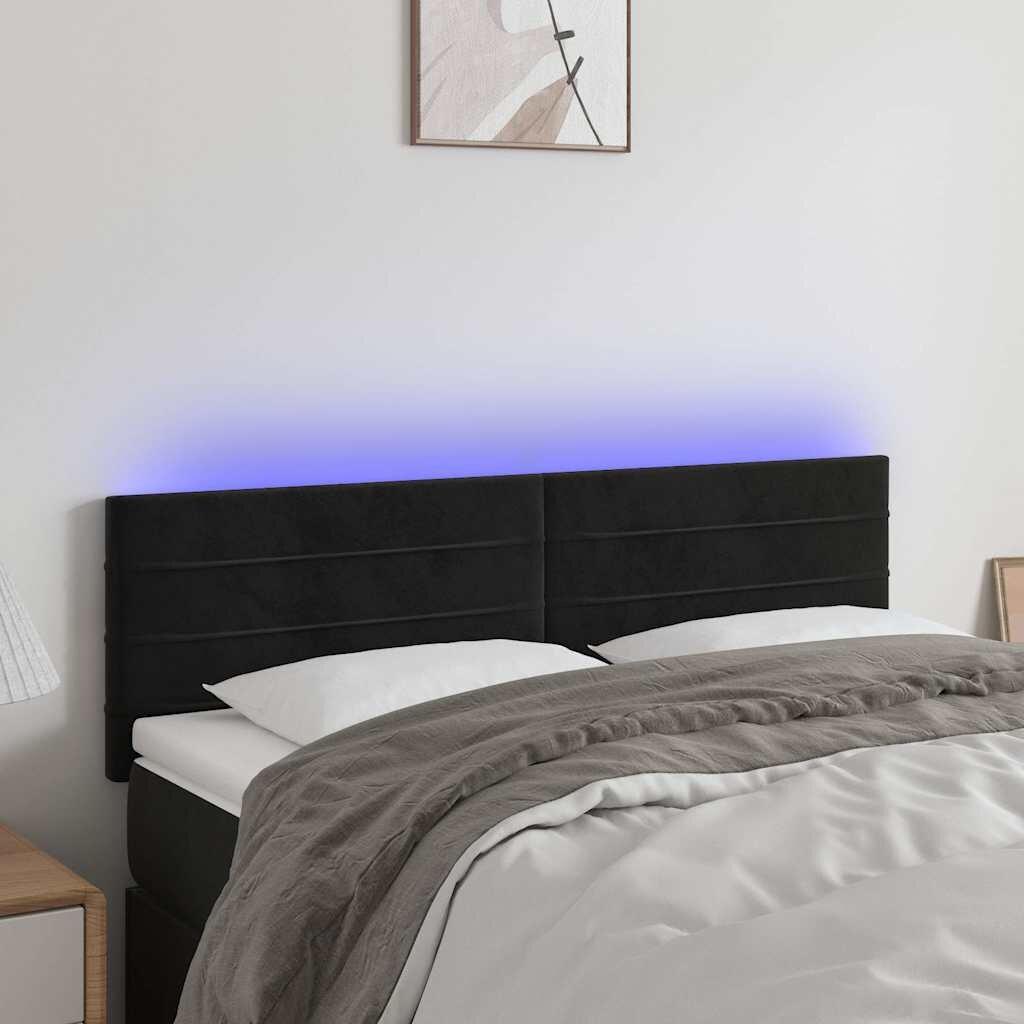 vidaXL LED горна табла за легло черна 144x5x78/88 см кадифе