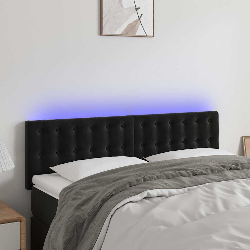 vidaXL LED горна табла за легло черна 144x5x78/88 см кадифе