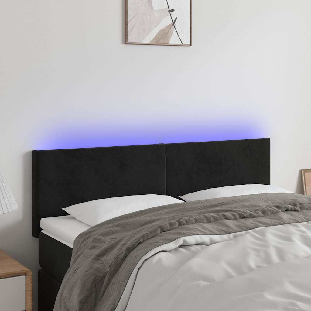 vidaXL LED горна табла за легло черна 144x5x78/88 см кадифе