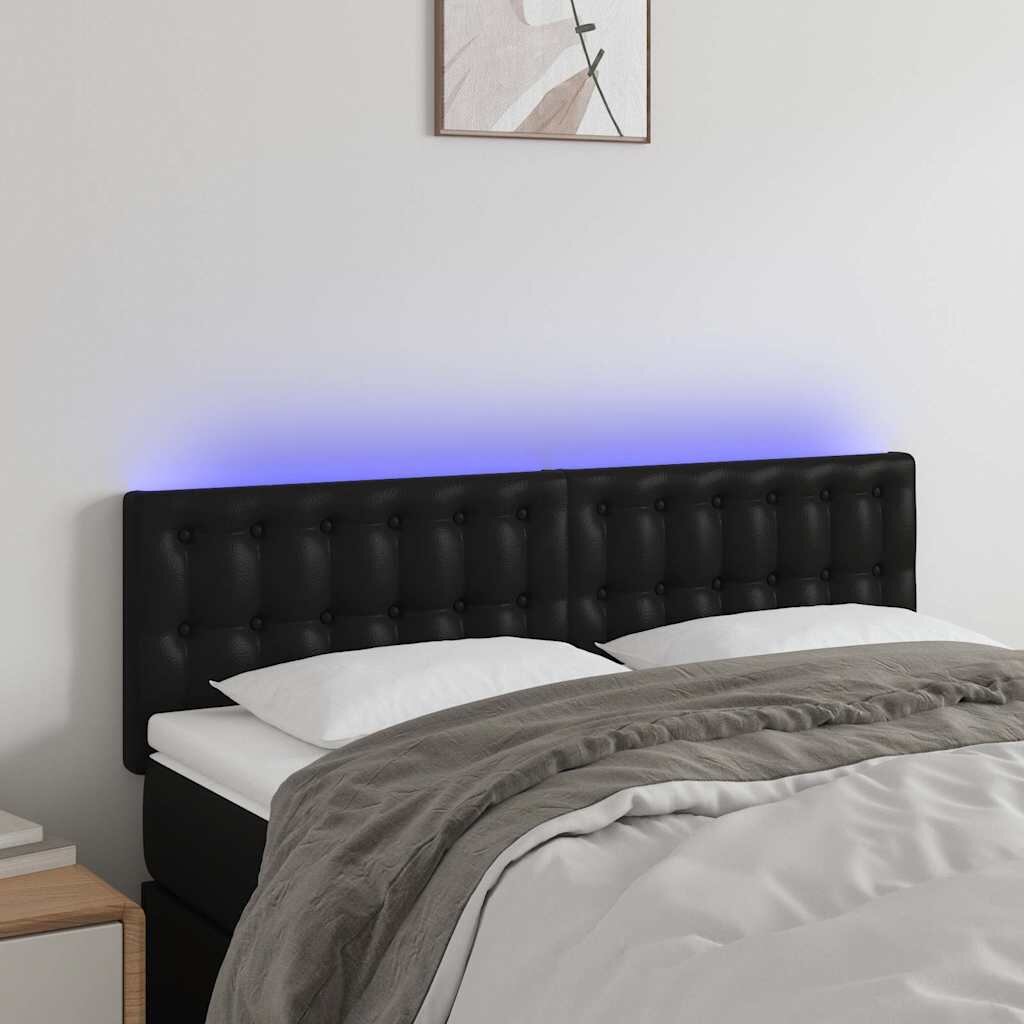 vidaXL LED горна табла за легло черна 144x5x78/88см изкуствена кожа