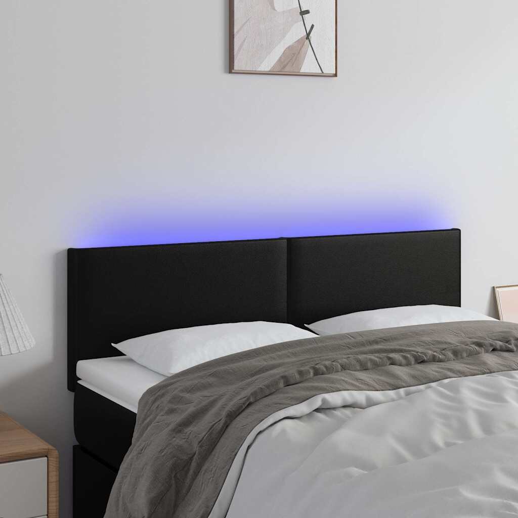 vidaXL LED горна табла за легло черна 144x5x78/88см изкуствена кожа