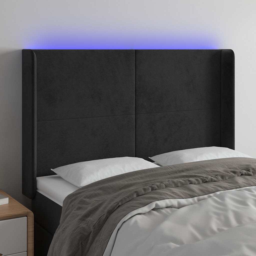 vidaXL LED горна табла за легло черна 147x16x118/128 см кадифе