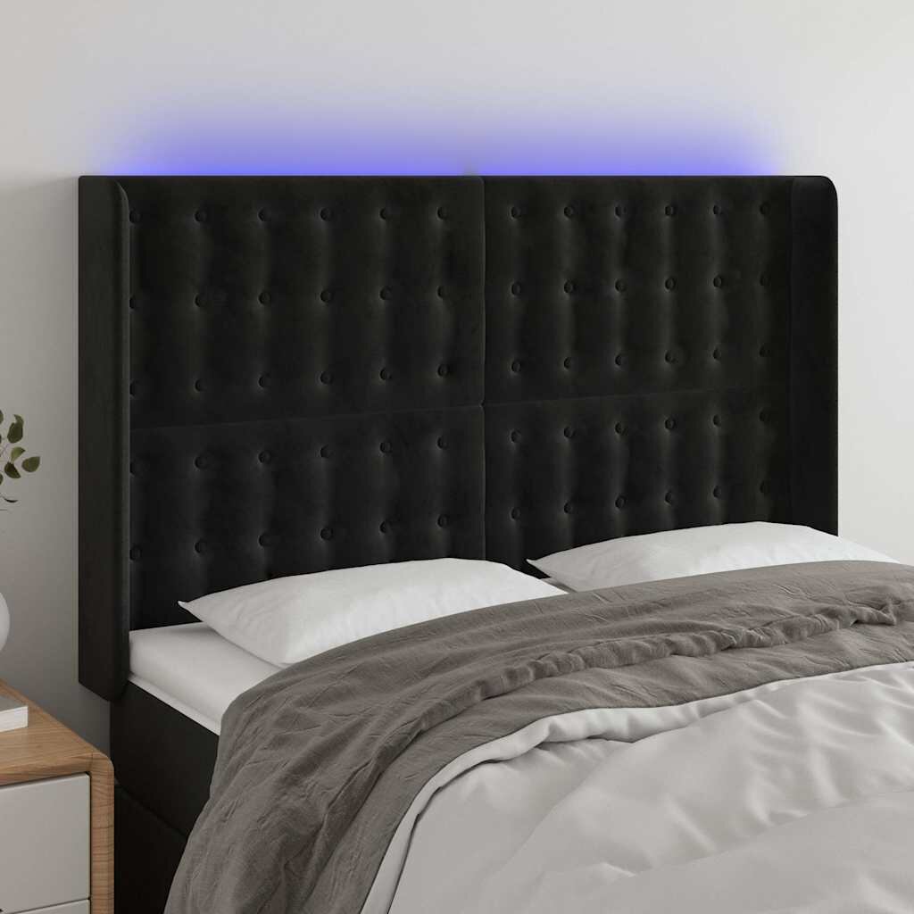 vidaXL LED горна табла за легло черна 147x16x118/128 см кадифе