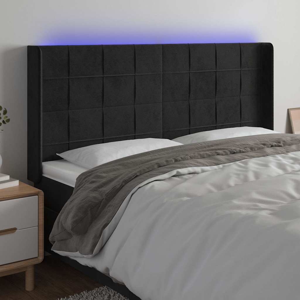 vidaXL LED горна табла за легло черна 163x16x118/128 см кадифе