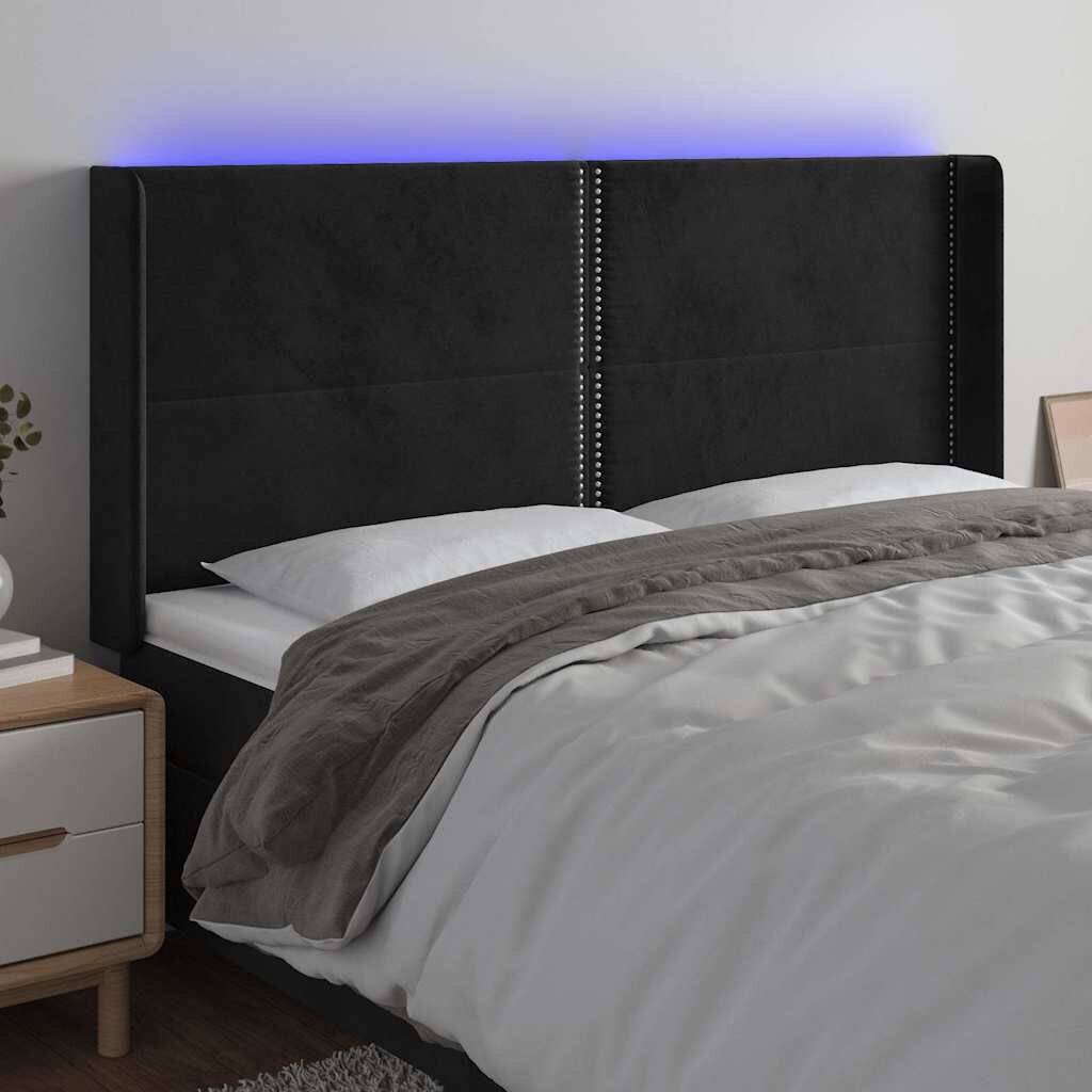 vidaXL LED горна табла за легло черна 163x16x118/128 см кадифе