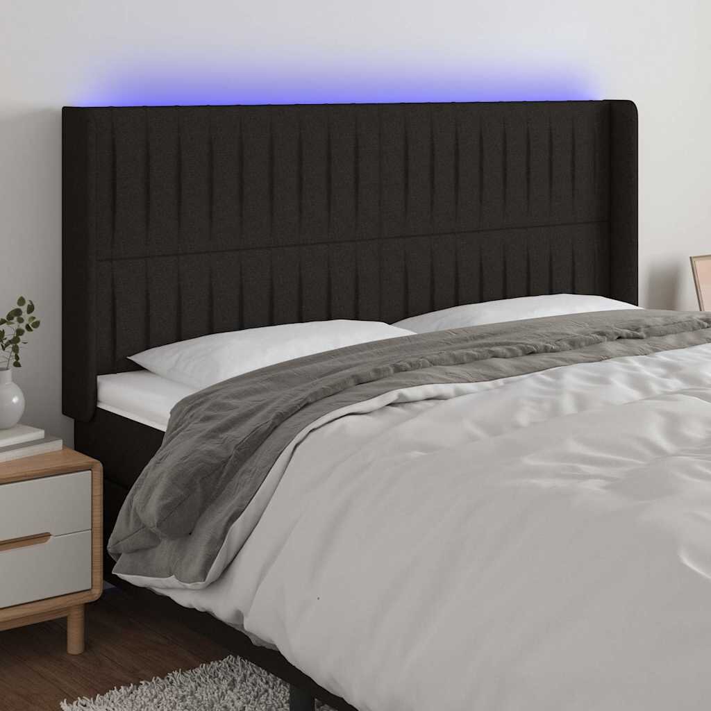vidaXL LED горна табла за легло черна 163x16x118/128 см плат