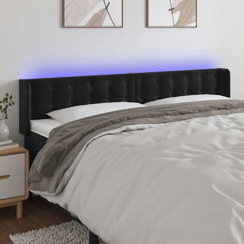 vidaXL LED горна табла за легло черна 163x16x78/88 см кадифе