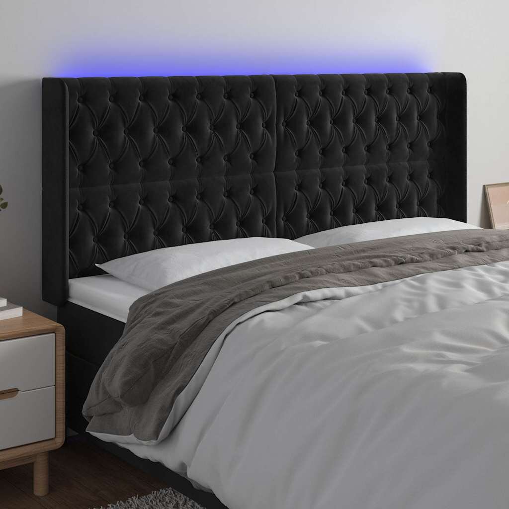 vidaXL LED горна табла за легло черна 183x16x118/128 см кадифе