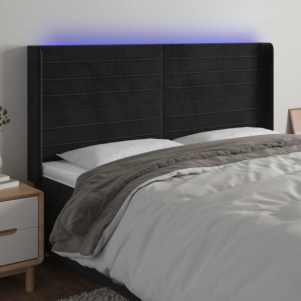 vidaXL LED горна табла за легло черна 203x16x118/128 см кадифе