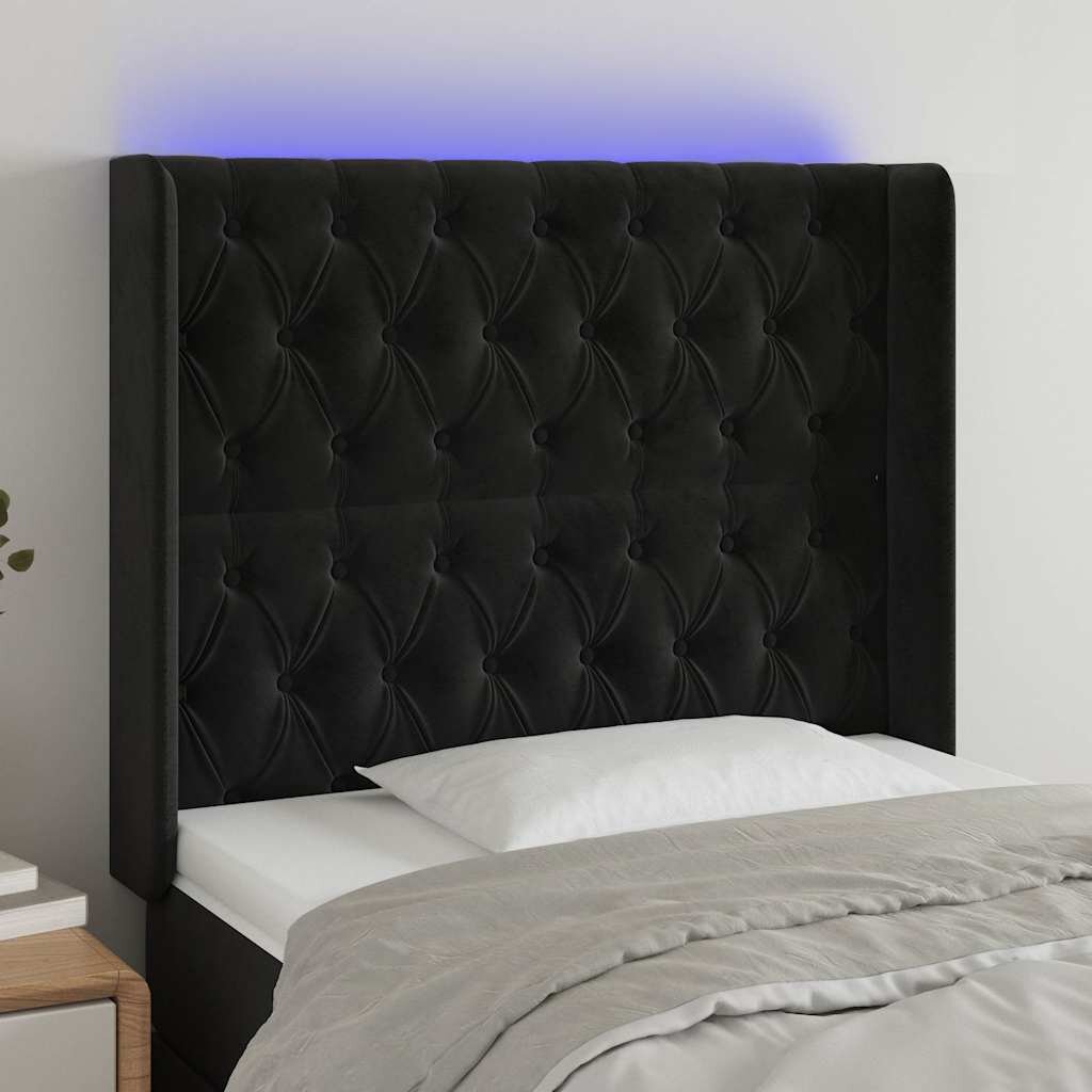 vidaXL LED горна табла за легло черна 93x16x118/128 см кадифе