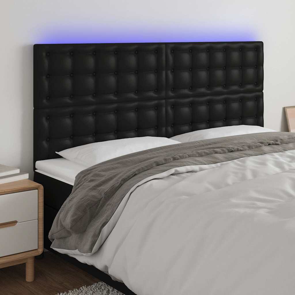 vidaXL LED горна табла за легло черна180x5x118/128см изкуствена кожа