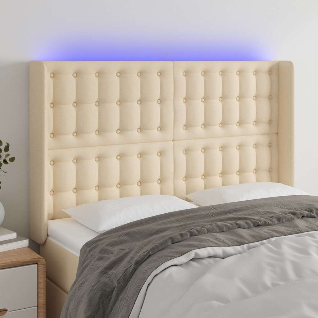 vidaXL LED горна табла за легло кремава 147x16x118/128 см плат