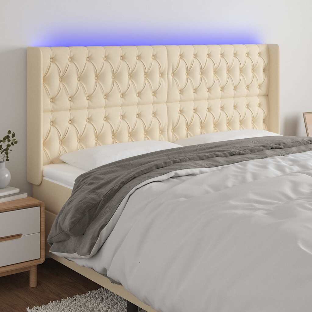 vidaXL LED горна табла за легло кремава 183x16x118/128 см плат