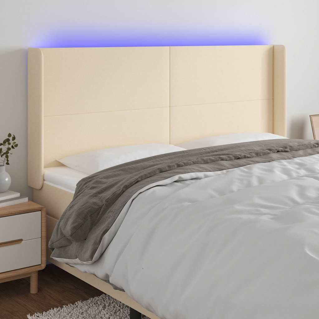 vidaXL LED горна табла за легло кремава 203x16x118/128 см плат